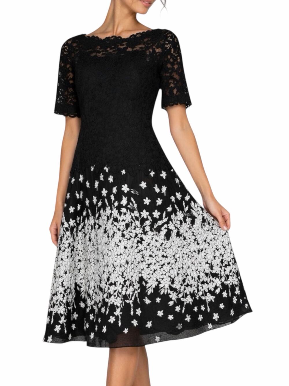 Teri Jon Lace Metallic Floral Print Cocktail Dress Black Size 2